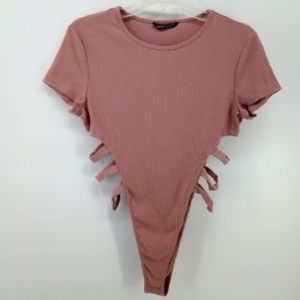 SheIn Mauve Pink Ribbed Cut Out Bodysuit 8/10